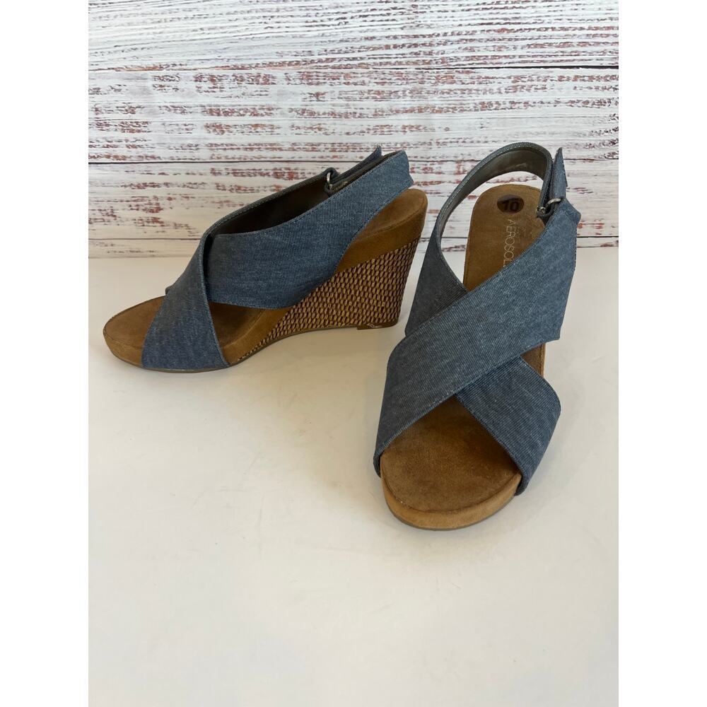 Areosoles Womens Payton Wedge Denim Sandals Size 10